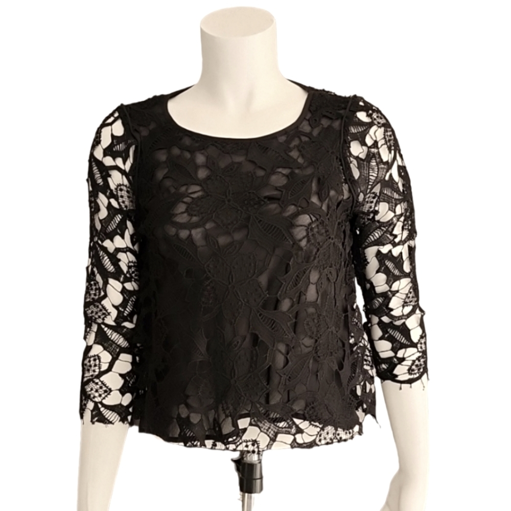 ZARA Black Crochet Lace Crop Top M Sheer Gothic Boho Punk Festival 3/4 Sleeve - Picture 4 of 15